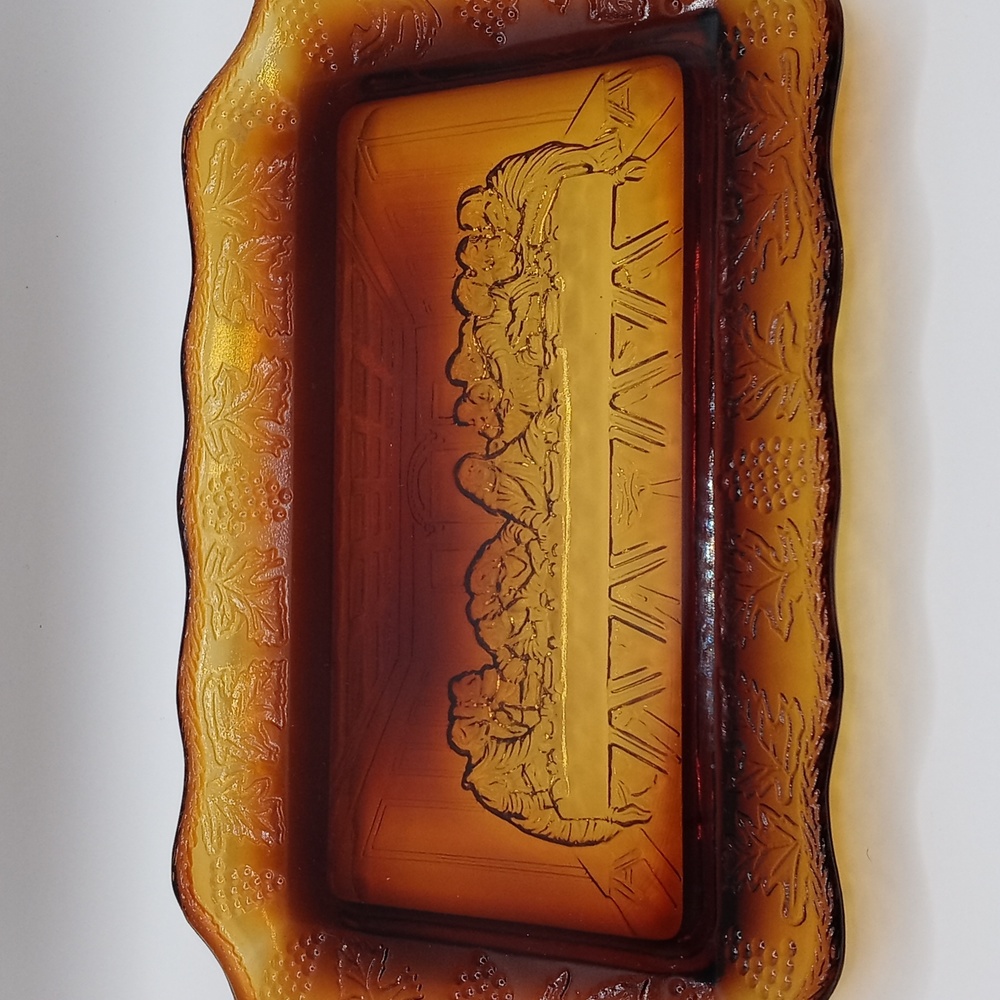 Vintage Indiana Glass Tiara Amber Grape Patterned Lord's Last Supper Tray